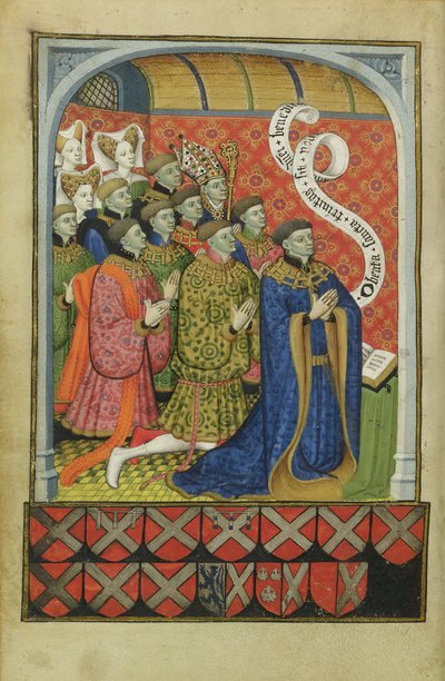 Lat 1158 f.27v De familie Neville in gebed, uit het Neville-getijdenboek, 1430-35 door Master of the Munich Golden Legend